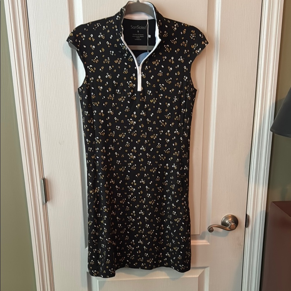 SLEEVELESS 1/4 ZIP TENNIS GOLF DRESS  BLACK WITH GOLD WHITE LEOPARD MSRP $138